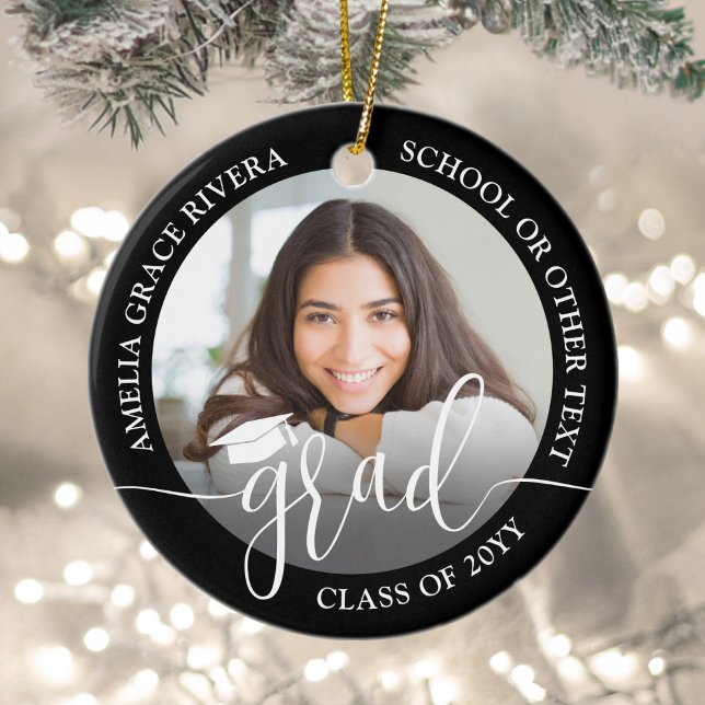 Modern Script 2 Photo Graduation Round Black Ceramic Ornament (Creator Uploaded)