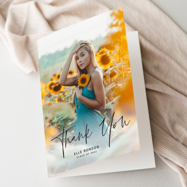 Modern Script 2 Photo Graduation Thank You Card (Modern script photo graduation thank you cards.)