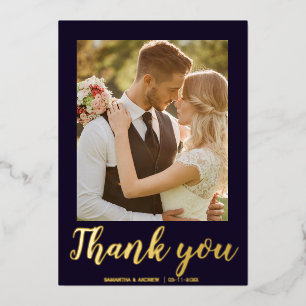 Modern script 2 photo wedding thank you card