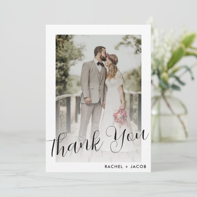 Modern Script 2-Photo Wedding Thank You Card (Standing Front)