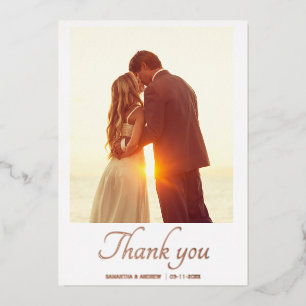 Modern script 2 photo wedding thank you card