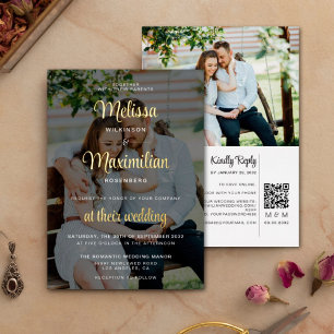 Modern script 2 photos black QR Code online RSVP