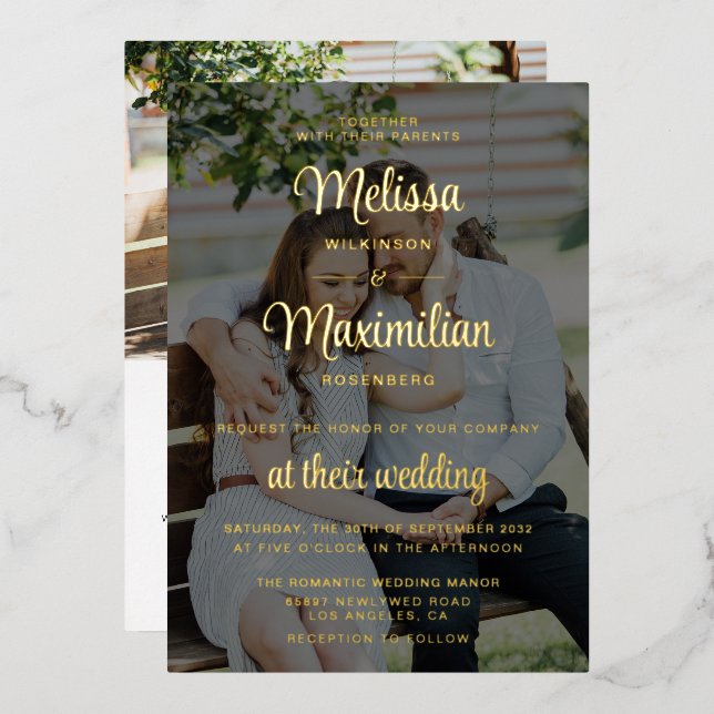 Modern script 2 photos black with online RSVP gold (Front/Back)