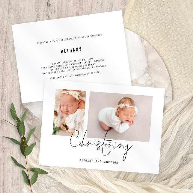 Modern Script 2 Photos Christening Invitation (Creator Uploaded)