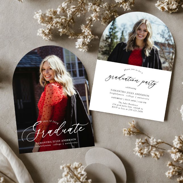 Modern Script 2 Photos Graduation Party Arch Invitation (Creator Uploaded)