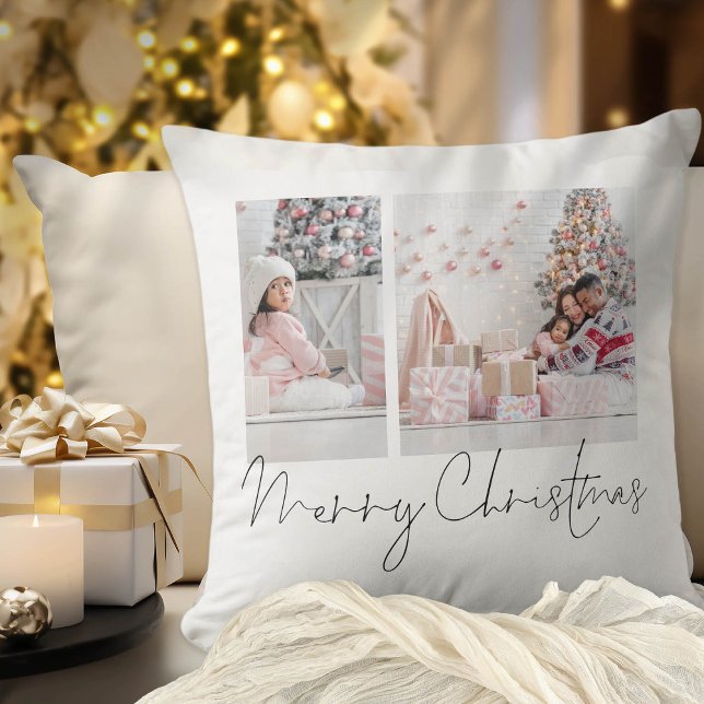 Modern Script 2 Photos Merry Christmas Cushion (Add your favorite photos! Back is plain and you can change to any color to display all year through)