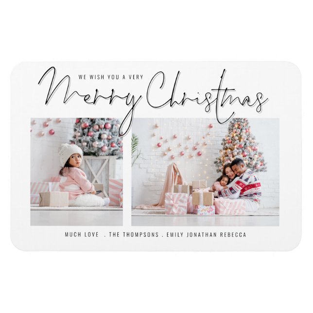 Modern Script 2 Photos Merry Christmas Holiday Magnet (Horizontal)