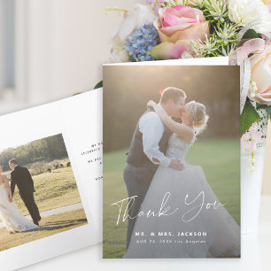 Modern script 2 photos wedding thank you card