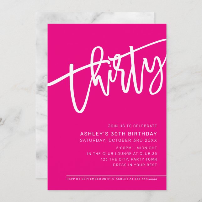 MODERN SCRIPT 30th birthday party hot pink white Invitation (Front/Back)