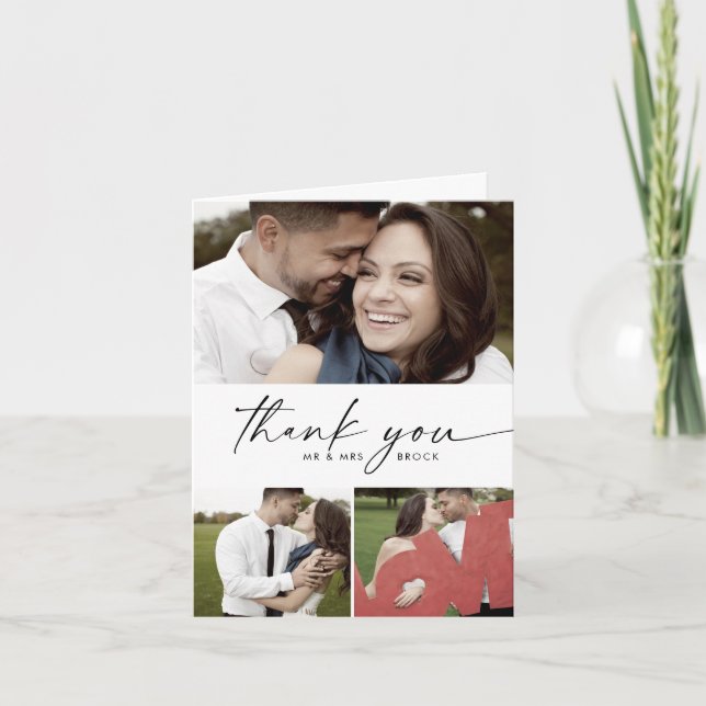 Modern Script 3 Photo Collage Folded Wedding Thank Thank You Card (Front)