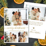 Modern Script 3 Photo Collage Gold White Christmas Holiday Card<br><div class="desc">Modern Elegant Calligraphy 3 Photo Collage Merry Christmas Holiday Card in Gold and White. Share festive cheer with this modern holiday card featuring a stylish gold and white theme. The front showcases a clean 3 photo collage layout paired with a beautiful hand-lettered “Merry Christmas” script in whimsical swirly faux gold...</div>