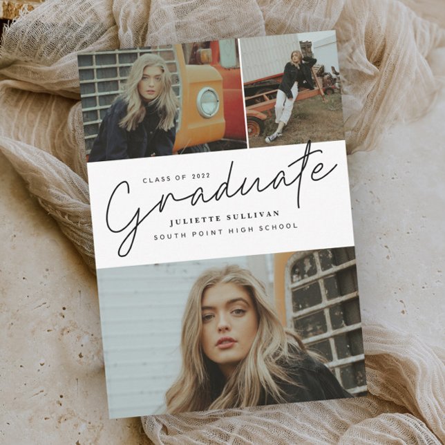 Modern Script 3 Photo Collage Graduation Party Invitation (Creator Uploaded)