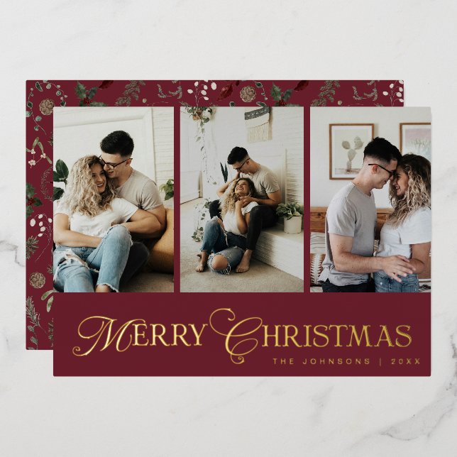 Modern Script 3 Photo Collage Merry Christmas Foil Holiday Card (Front/Back)