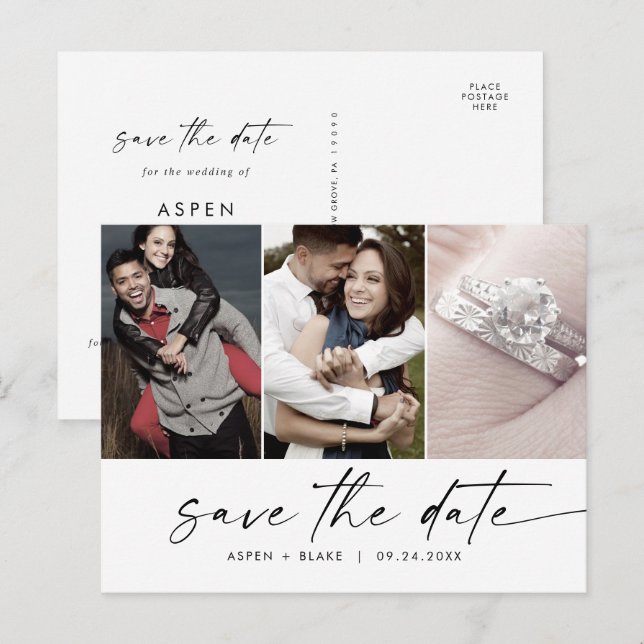 Modern Script 3 Photo Save the Date Invitation Postcard (Front/Back)