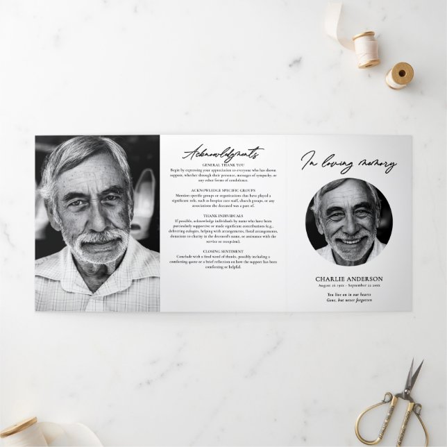 Modern Script 3-Photo Trifold Funeral Program (Outside)