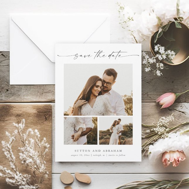 Modern Script 3 Photo Wedding Save the Date Magnet (An elegant 3 photo wedding save the date magnet with handwritten script and minimal typography.)