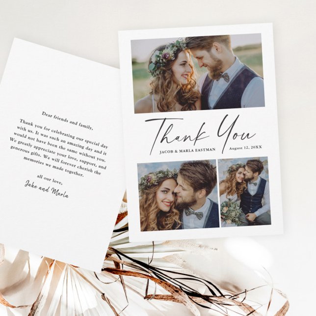 Modern Script 3 Photo Wedding Thank You Card (Creator Uploaded)