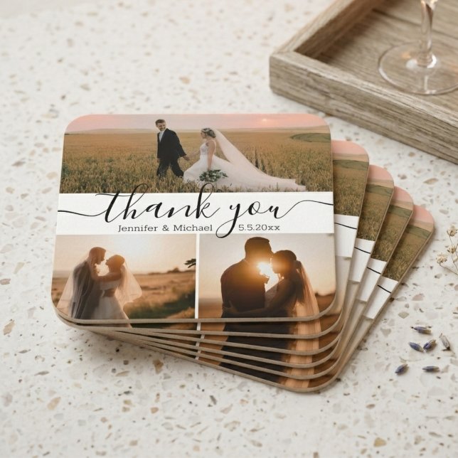 modern script 3 photo wedding thank you  square paper coaster (Creator Uploaded)