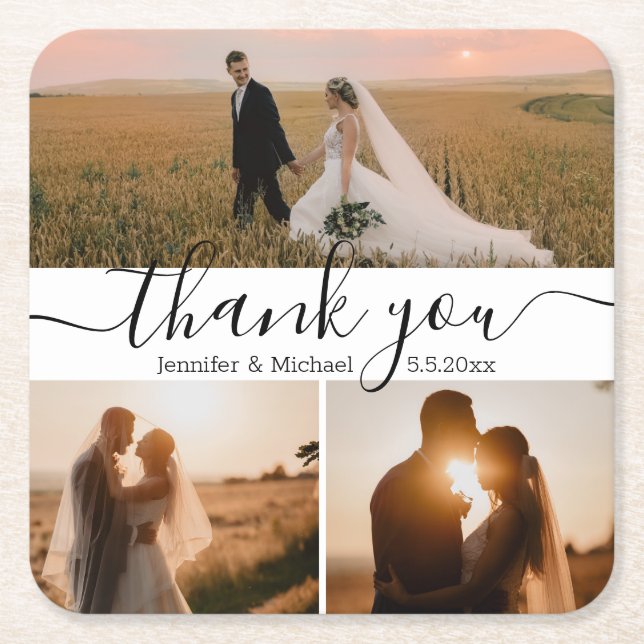 modern script 3 photo wedding thank you  square paper coaster (Front)