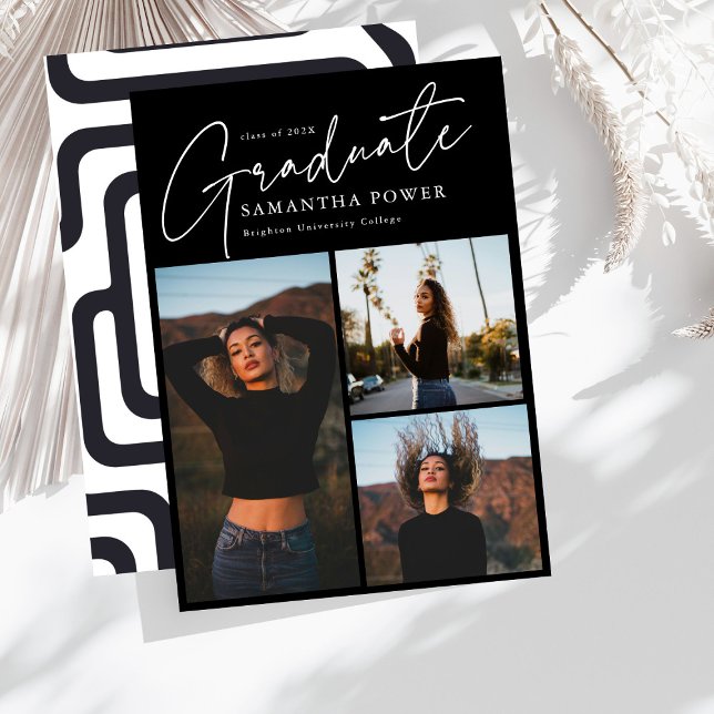 Modern Script 3 Photos Geometric Graduation Announcement (Creator Uploaded)