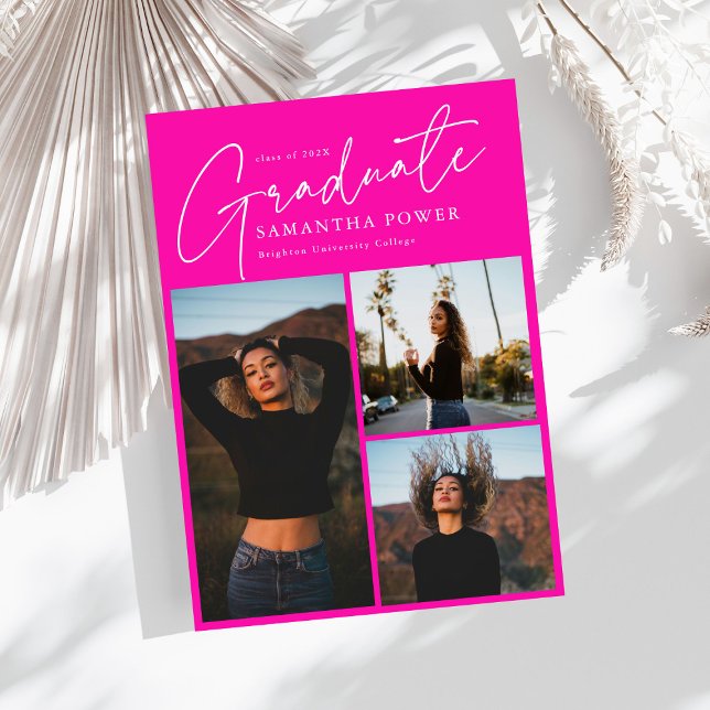 Modern Script 3 Photos Pink Graduation Announcement (Creator Uploaded)