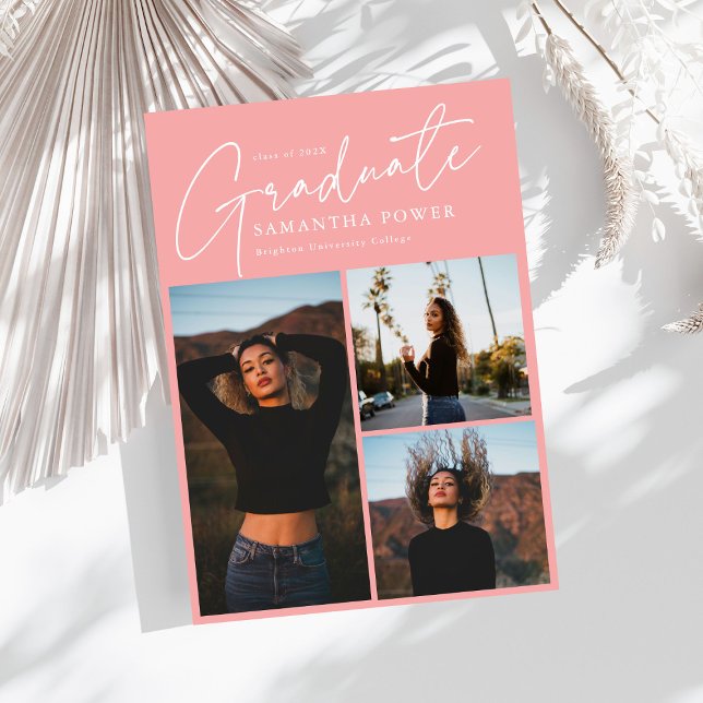 Modern Script 3 Photos Pink Graduation Announcement (Creator Uploaded)