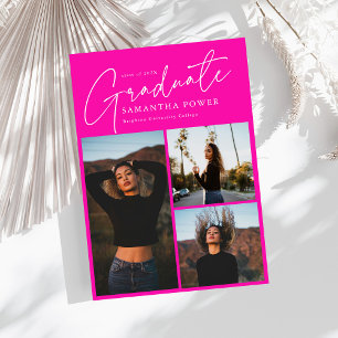 Modern Script 3 Photos Pink Graduation Announcement