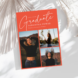 Modern Script 3 Photos Pink Graduation Announcement