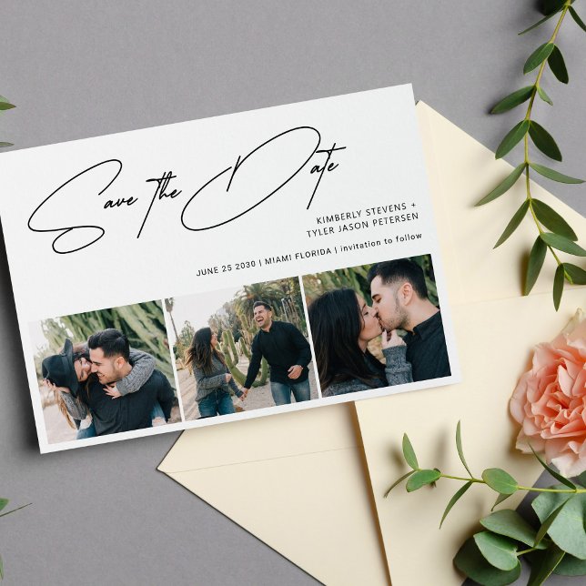 Modern script 3 photos simple wedding save the date (Creator Uploaded)
