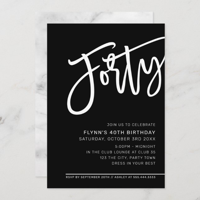 MODERN SCRIPT 40th birthday party black white Invitation (Front/Back)