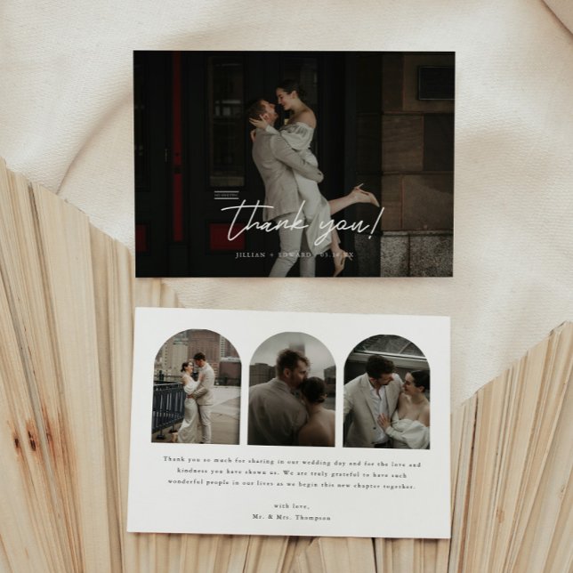 Modern Script 4-Photo Arch Wedding Couple Thank You Card (Creator Uploaded)