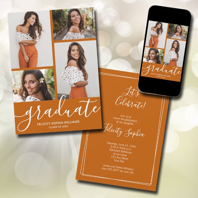 Modern Script 4 Photo Burnt Orange Graduation Announcement (Modern Script 4 Photo Burnt Orange Graduation Announcements - PRINTED and/or INSTANT DOWNLOAD)