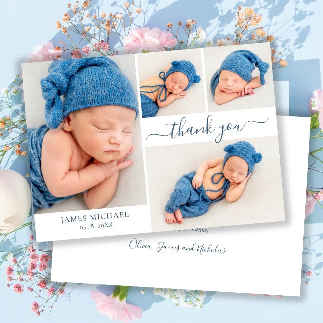 Modern Script 4 Photo Collage Baby Boy Thank You  Card (Creator Uploaded)