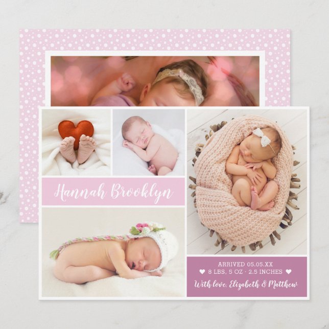 Modern Script 4 Photo Collage Birth Announcement (Front/Back)