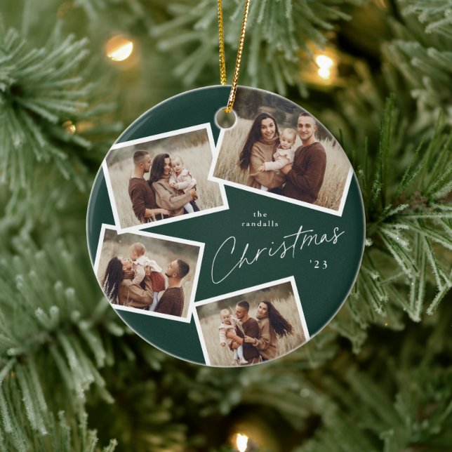 Modern Script 4 Photo Collage Green Christmas Ceramic Ornament (Tree)