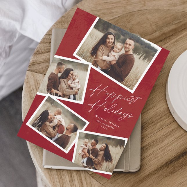 Modern Script 4 Photo Collage Happiest Holiday Card (Modern script 4 photo collage happiest holidays card in red.)