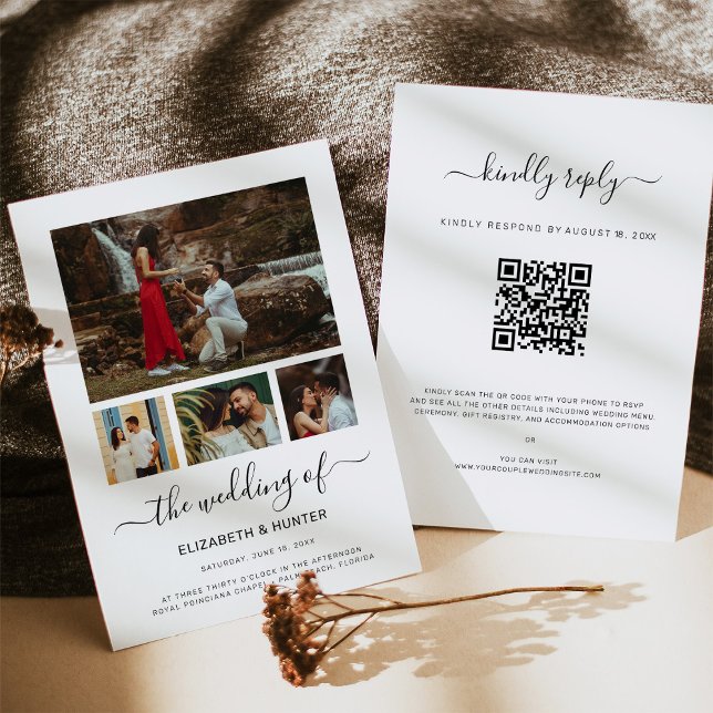 Modern Script 4 Photo Collage QR Code RSVP Wedding Invitation (Creator Uploaded)