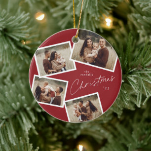 Modern Script 4 Photo Collage Red Christmas Ceramic Ornament