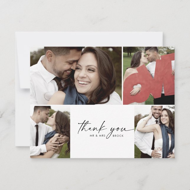 Modern Script 4 Photo Collage Wedding Thank You Ca Card (Front)