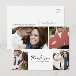 Modern Script 4 Photo Collage Wedding Thank You Postcard
