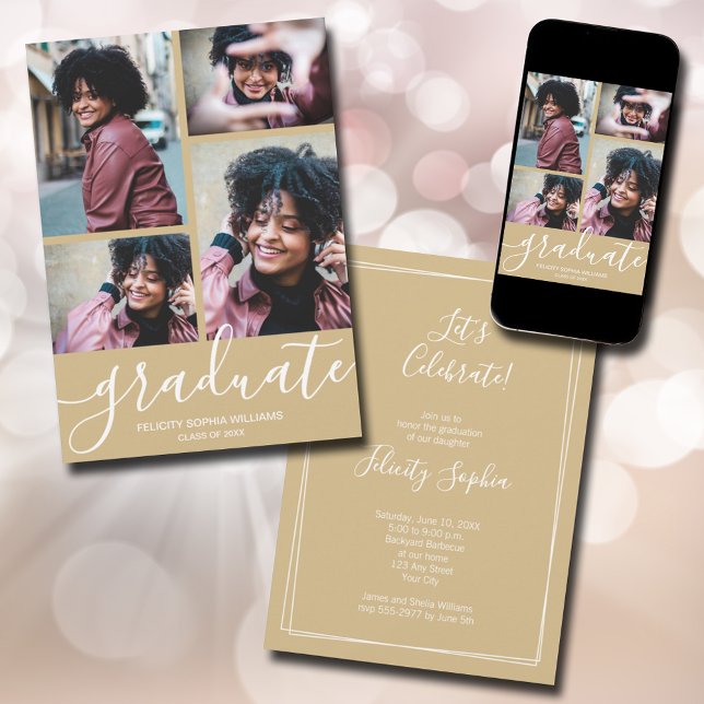 Modern Script 4 Photo Light Gold Graduation Announcement (Modern Script 4 Photo on Light Gold Graduation Announcements - PRINTED and/or INSTANT DOWNLOAD)