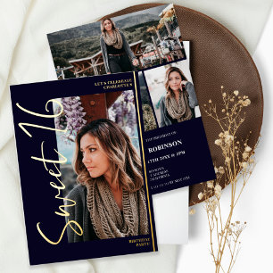 Modern script 4 photos black Sweet 16 gold