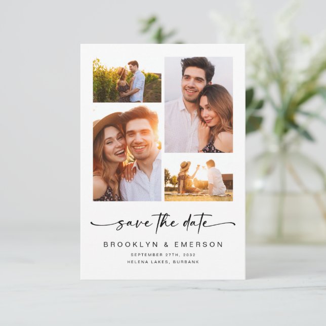 Modern Script | 4 Photos Wedding Save The Date (Standing Front)