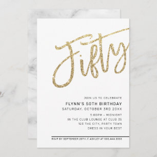 MODERN SCRIPT 50th birthday fifty gold glitter Invitation
