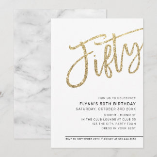 MODERN SCRIPT 50th birthday fifty gold glitter Invitation