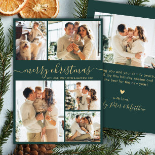 Modern Script 5 Photo Collage Green Christmas Holiday Card