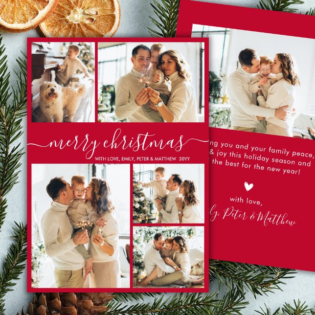Modern Script 5 Photo Collage Red Christmas Holiday Card (Creator Uploaded)