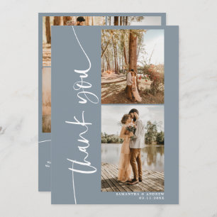 Modern script 5 photo wedding dusty blue thank you