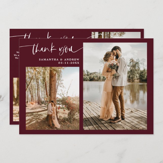 Modern script 5 photos red thank you wedding (Front/Back)