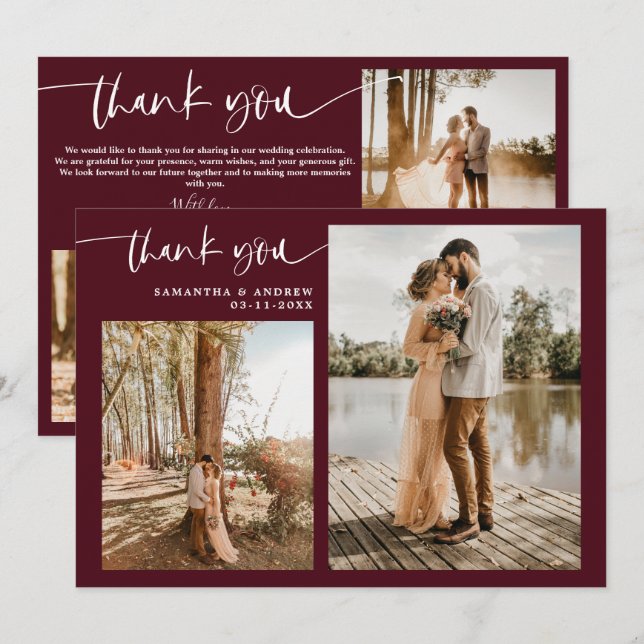 Modern script 5 photos red thank you wedding card (Front/Back)